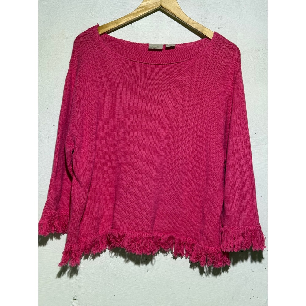 Fiorlini International Women XL Pink Cotton Knit Fringe Hem Pullover Sweater Y2K